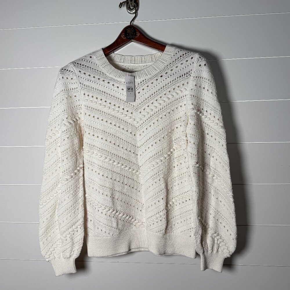 LOFT Cream Open-Knit Crewneck Sweater